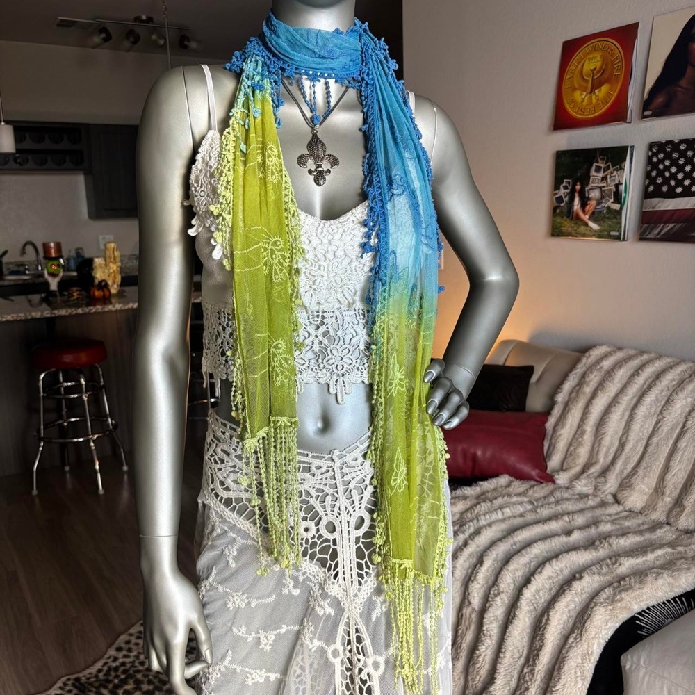 Y2K Blue Lime Green Sheer Embroidered Fringe Scarf Wrap Boho 🦋🌿